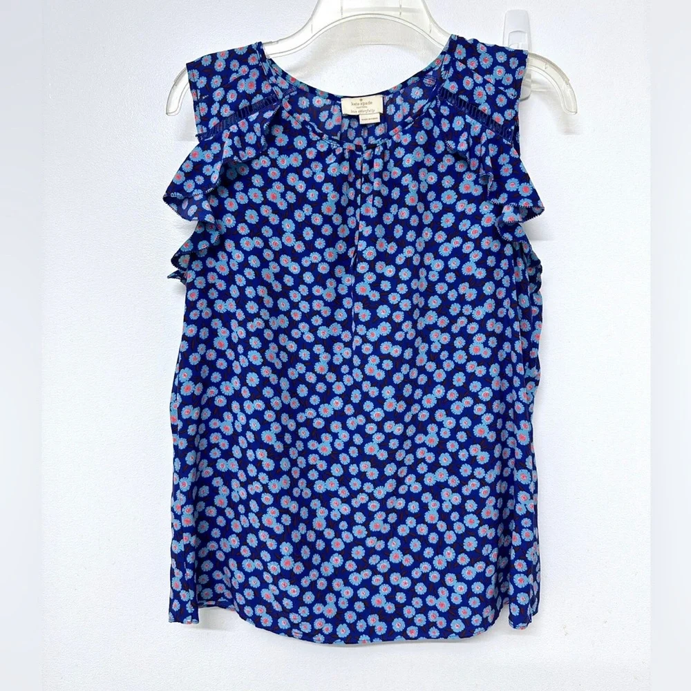 Kate Spade New York Tangier Ruffle Silk Tank Blue Cobalt Floral Small, EUC
